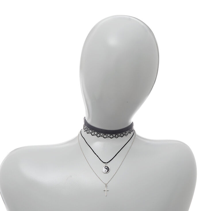 Black Tattoo & Velvet Chokers with Silver Cross & Yin Yang Pendant Necklaces - 4 Pack,