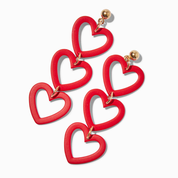 Red Triple Heart 2&quot; Linear Drop Earrings,