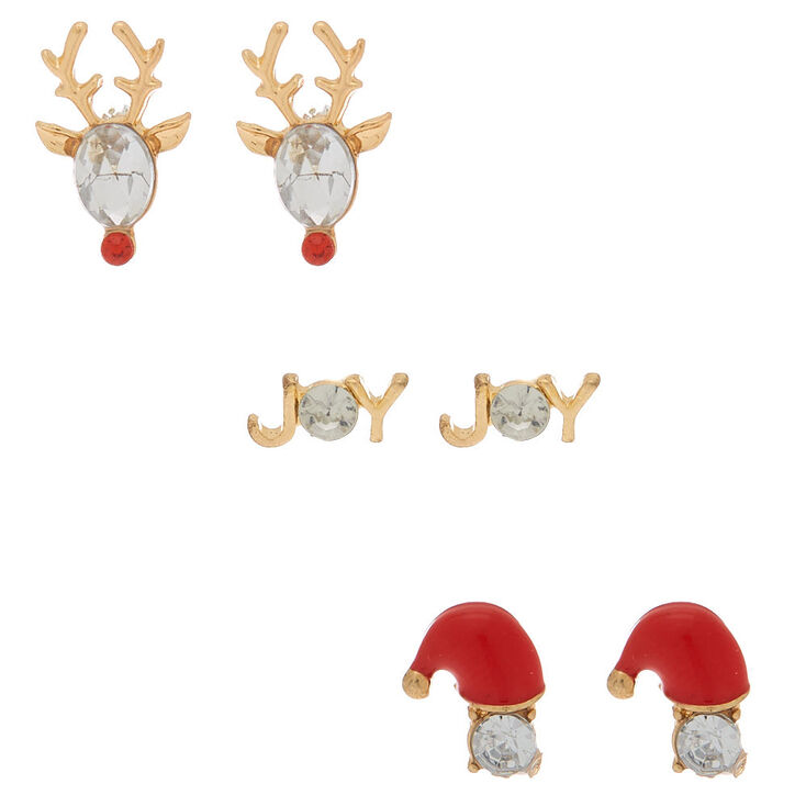 Gold Crystal Christmas Stud Earrings - 3 Pack,