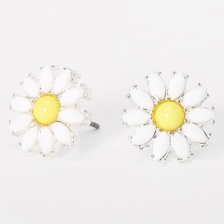 Silver Daisy Flower Stud Earrings - White,
