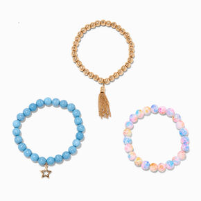 Star Rainbow Marble Beaded Stretch Bracelets - Bue, 3 Pack,