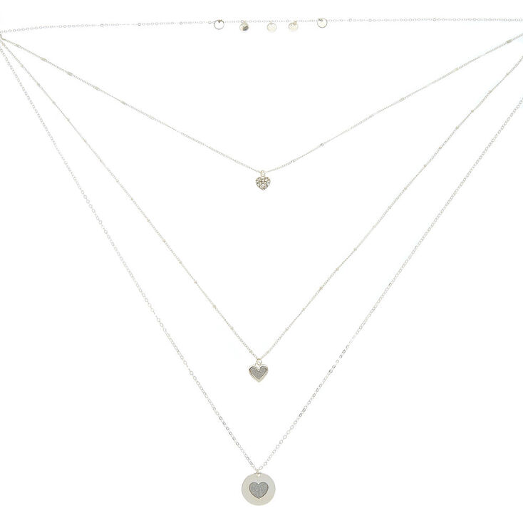 Silver Glitter Heart Multi Strand Necklace,