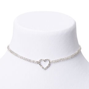Silver Rhinestone Open Heart Choker Necklace,