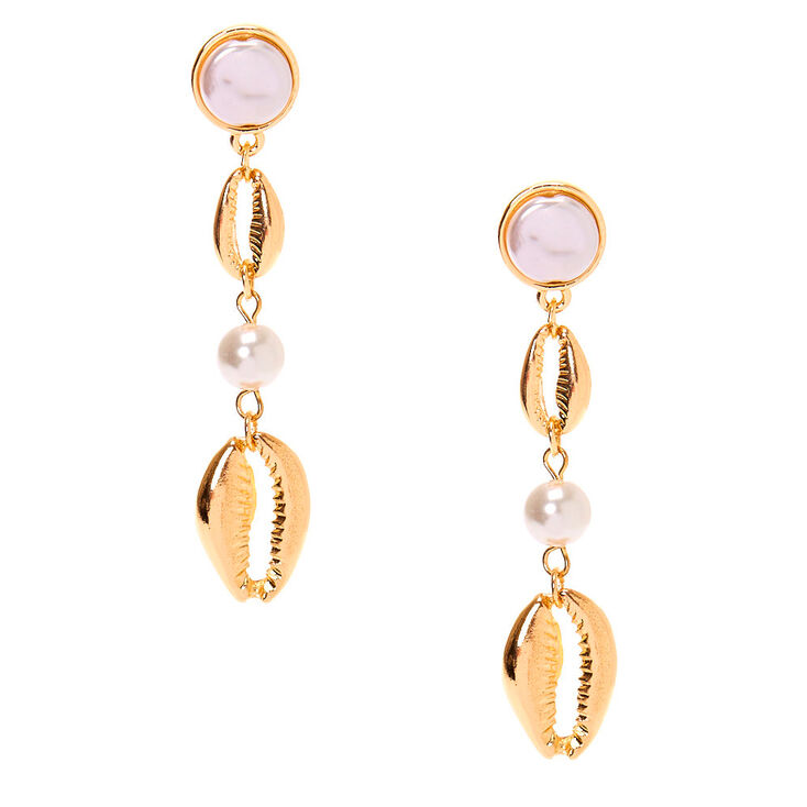 Gold Pearl 2.5" Cowrie Shell Drop Earrings,