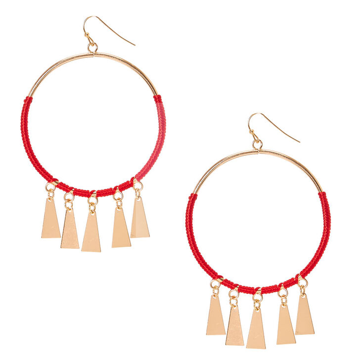 Red Cord & Gold Circle Drop Earrings,