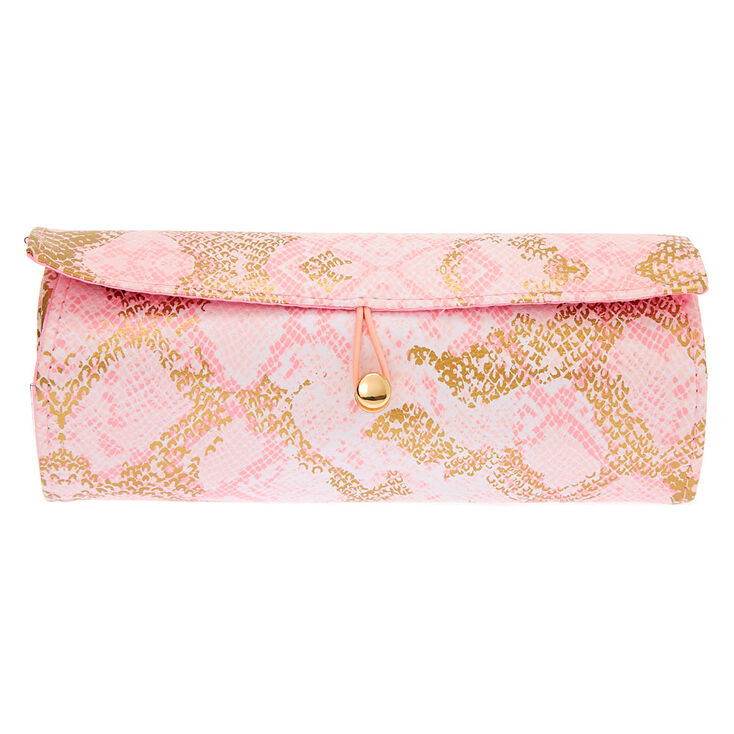 Snakeskin Roll Out Travel Makeup Bag - Pink,