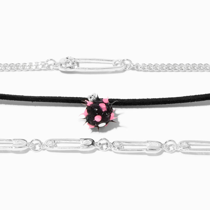 Pink Fireball &amp; Silver Safety Pin Choker Necklaces - 3 Pack,