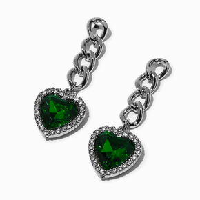 Silver-tone Green Crystal Heart 2&quot; Drop Earrings,