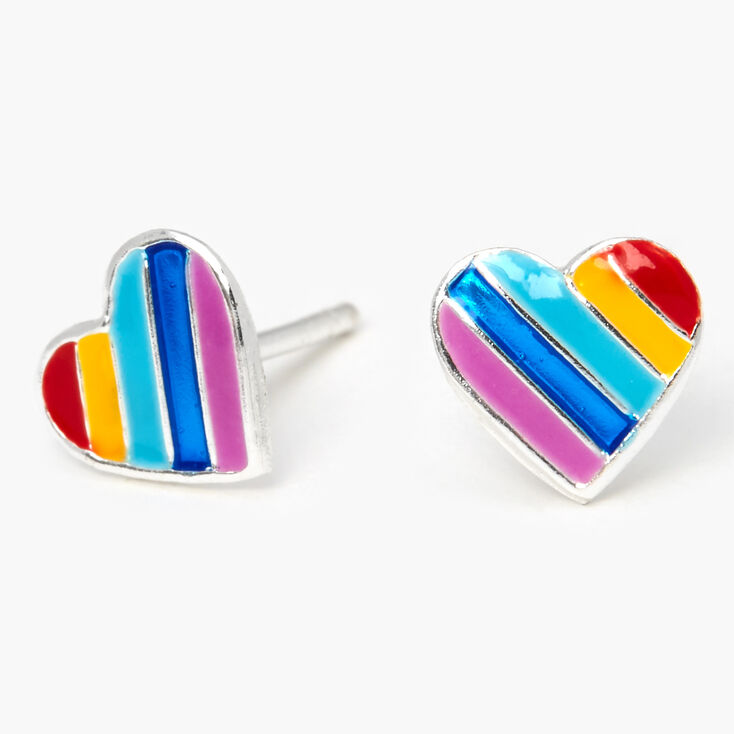 Sterling Silver Rainbow Striped Heart Stud Earrings,