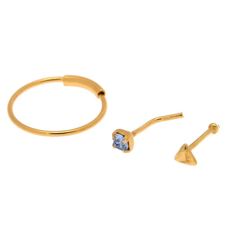 Gold Sterling Silver 22G Aqua Nose Studs & Hoop Set - 3 Pack,