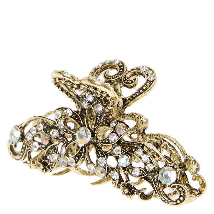 Burnished Gold & Crystal Filigree Vintage Hair Claw,