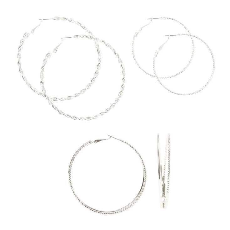 Silver Twisted, Rope & Wire Hoop Earrings Set,