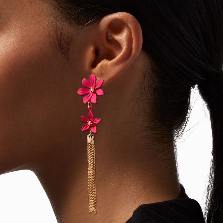 Gold-tone Fringe Pink Coated Double Flower 4&quot; Drop Earrings,