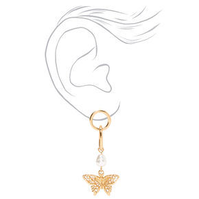 Gold Filigree Butterfly Pearl 2&quot; Drop Earrings,