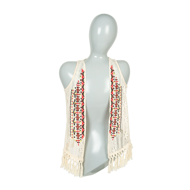 Embroidered Festival Print & Crocheted Lace Vest with Tassel Fringe,