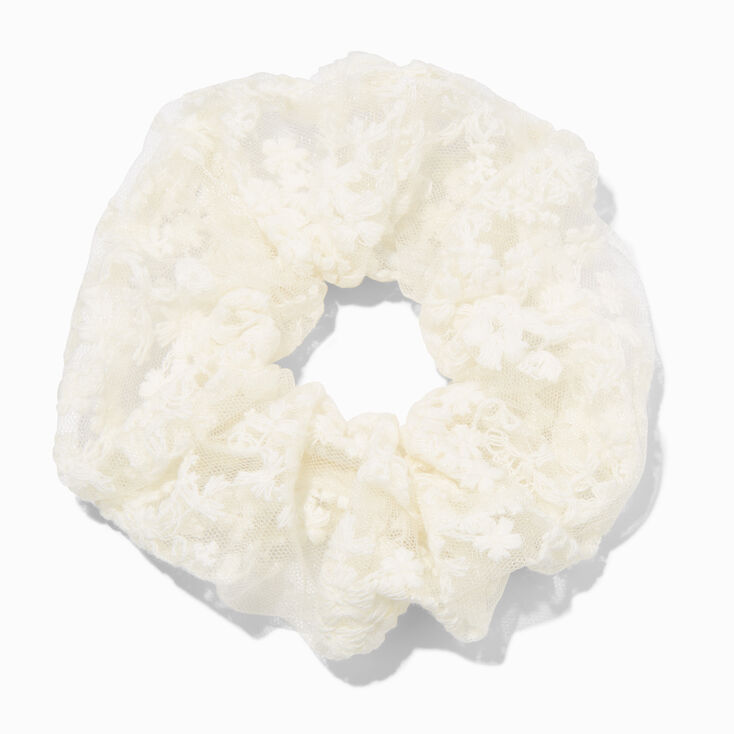 Embroidered Floral Mesh Hair Scrunchie - White,