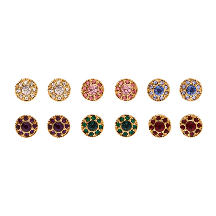 6 Pack Gold Tone Colored Gem Circle Stud Earrings,