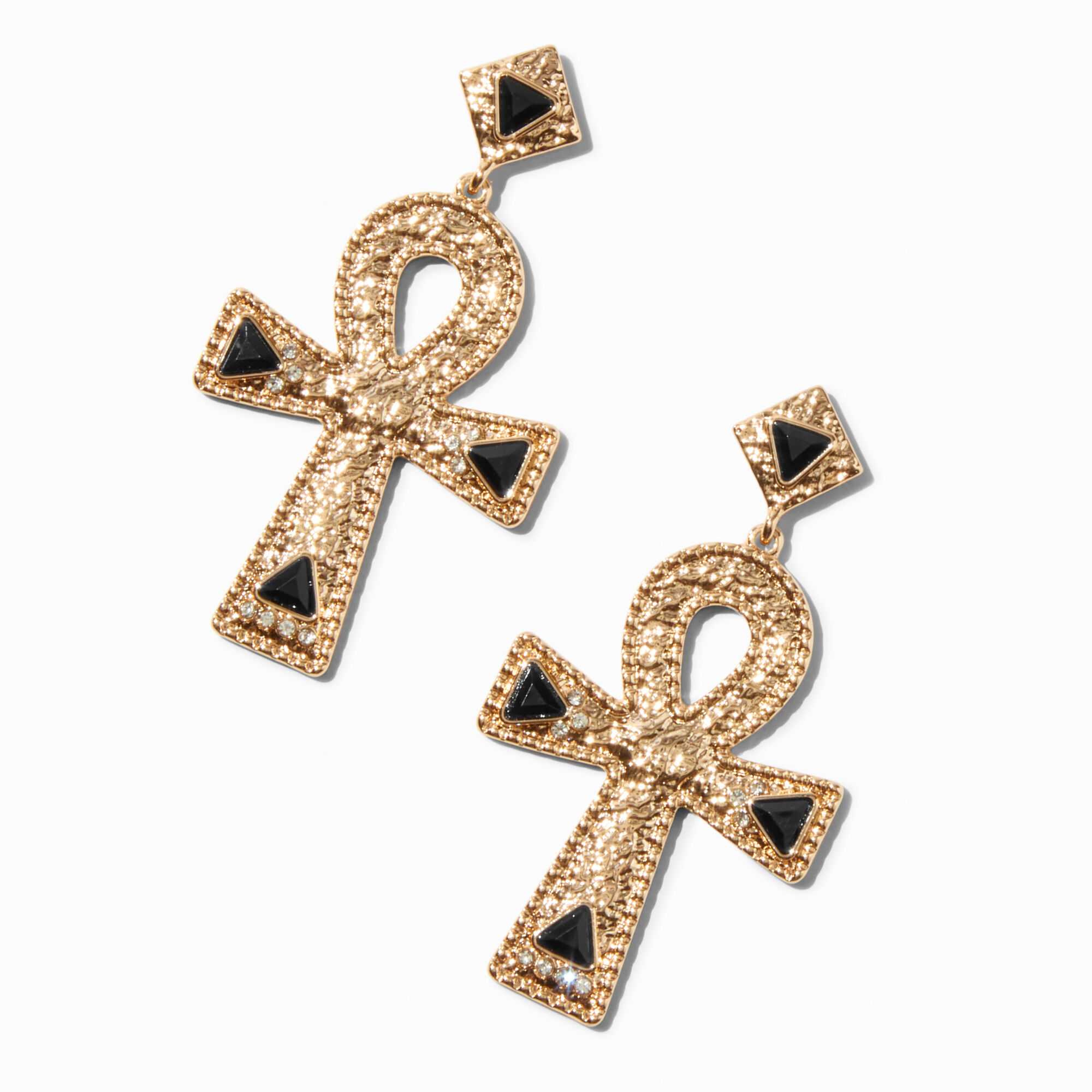 Black Rhinestone Ankh Cross Gold tone 2.5 Drop Earrings Icing US
