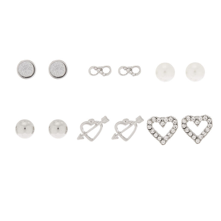 Silver Mixed Stud Earrings - 6 Pack,