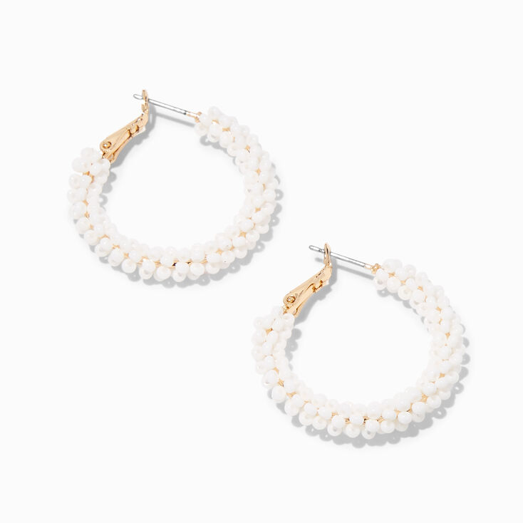 White Bead 30MM Hoop Earrings,