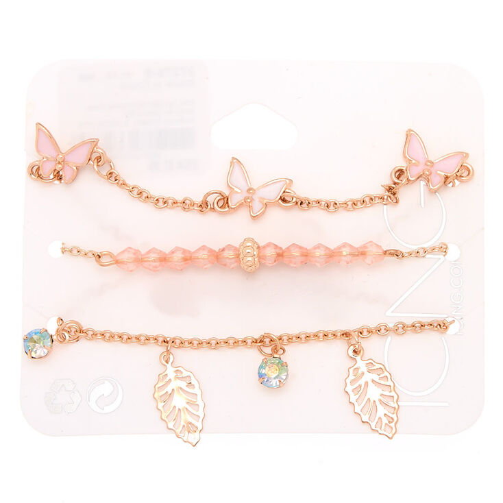 Rose Gold Butterfly & Leaf Chain Bracelets - 3 Pack,