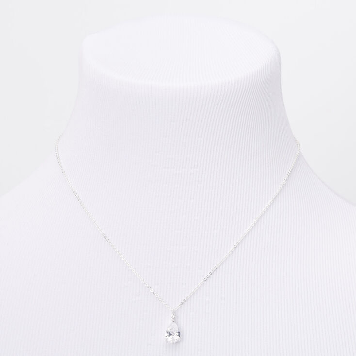 Silver Cubic Zirconia Single Teardrop Rhinestone Pendant Necklace,
