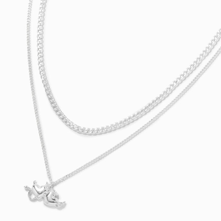 Silver Double Heart Multi-Strand Necklace,