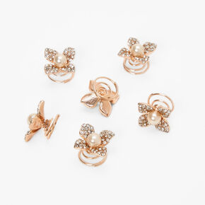 Rose Gold Embellished Pearl Flower Hair Spinners - 6 Pack,