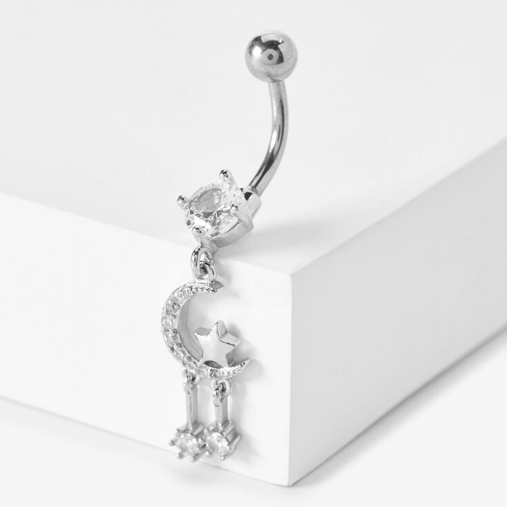 Silver-tone Stainless Steel Cubic Zirconia Moon &amp; Star Dangle 14G Belly Bar,