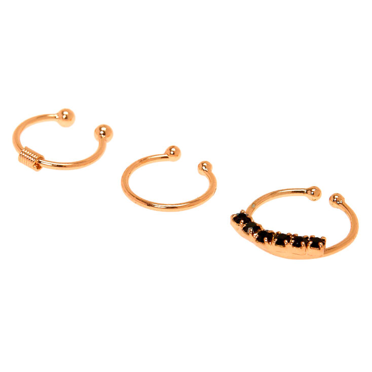 Rose Gold Crystal Faux Cartilage Hoop Earrings - Black, 3 Pack,