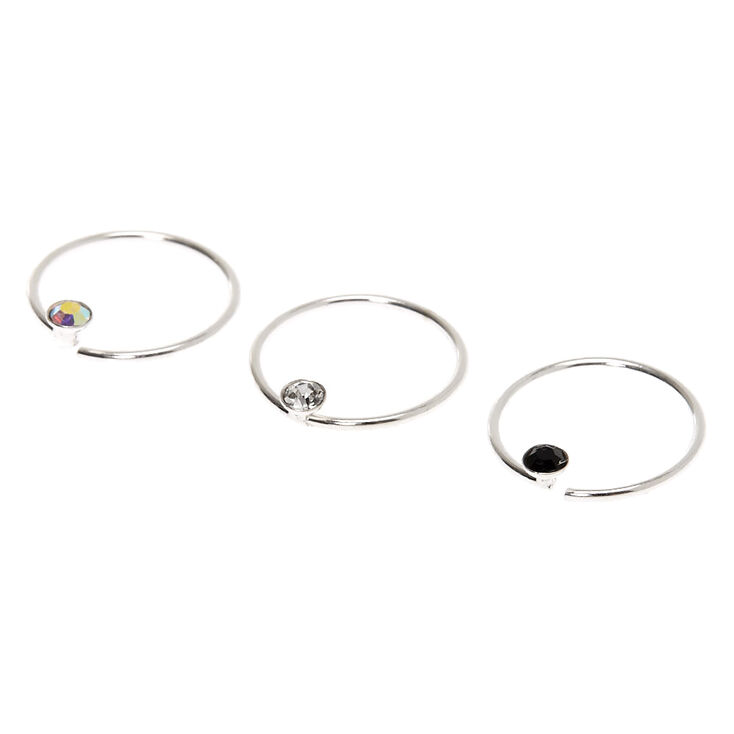 Sterling Silver 22G Mixed Crystal Hoop Nose Rings - 3 Pack,