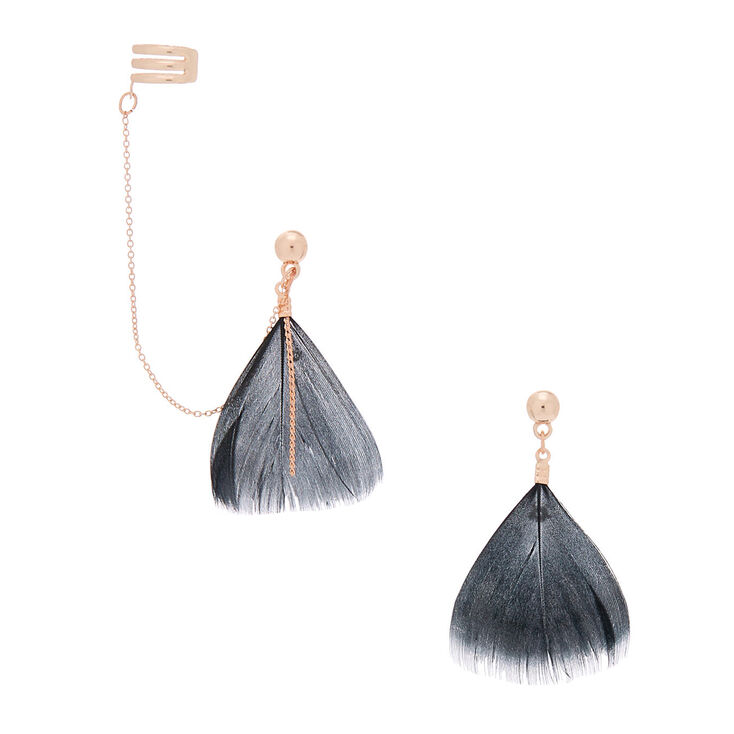Rose Gold 1.5" Feather Connector Drop Earrings - Black,