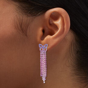Purple &amp; Pink Rhinestone Butterfly Fringe 2&quot; Drop Earrings,