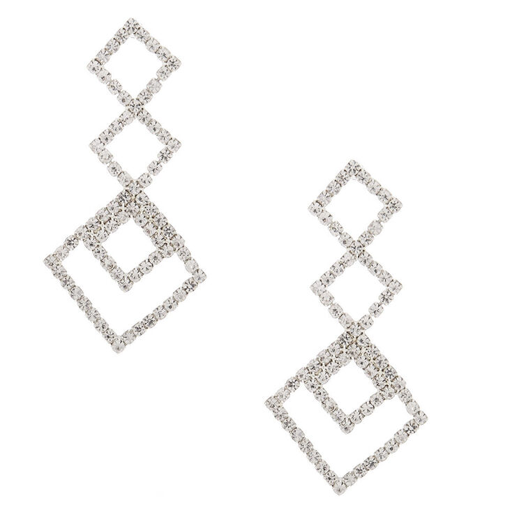 Silver Rhinestone 2" Triple Diamond Drop Earrings,