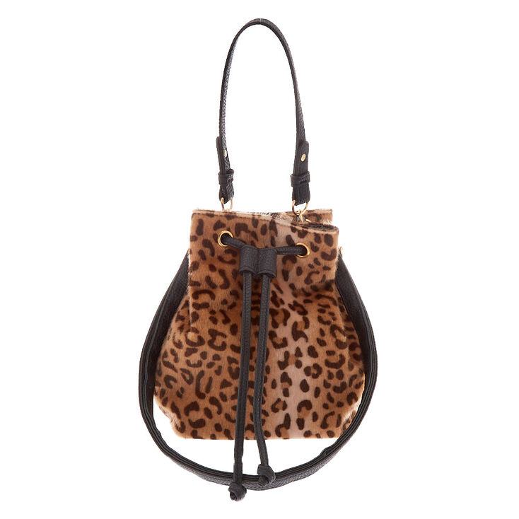 Faux Fur Leopard Bucket Crossbody Bag,