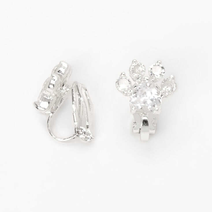 Silver 10MM Cubic Zirconia Paw Print Clip On Stud Earrings,