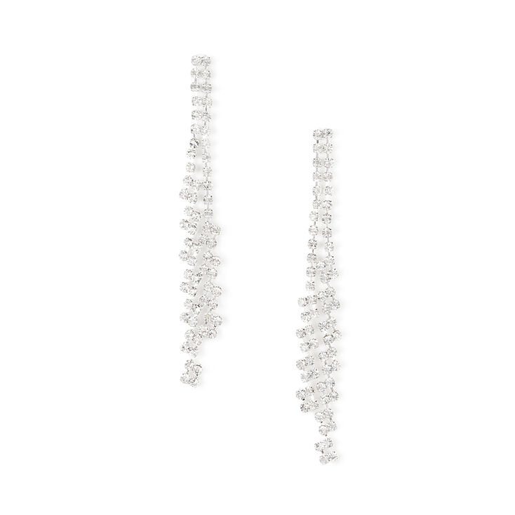Silver Rhinestone 3" Zig Zag Chains Drop Earrings,