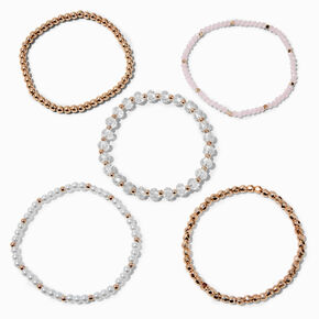 Rose Gold-tone Pearl Pink Mixed Beaded Stretch Bracelets - 5 Pack,
