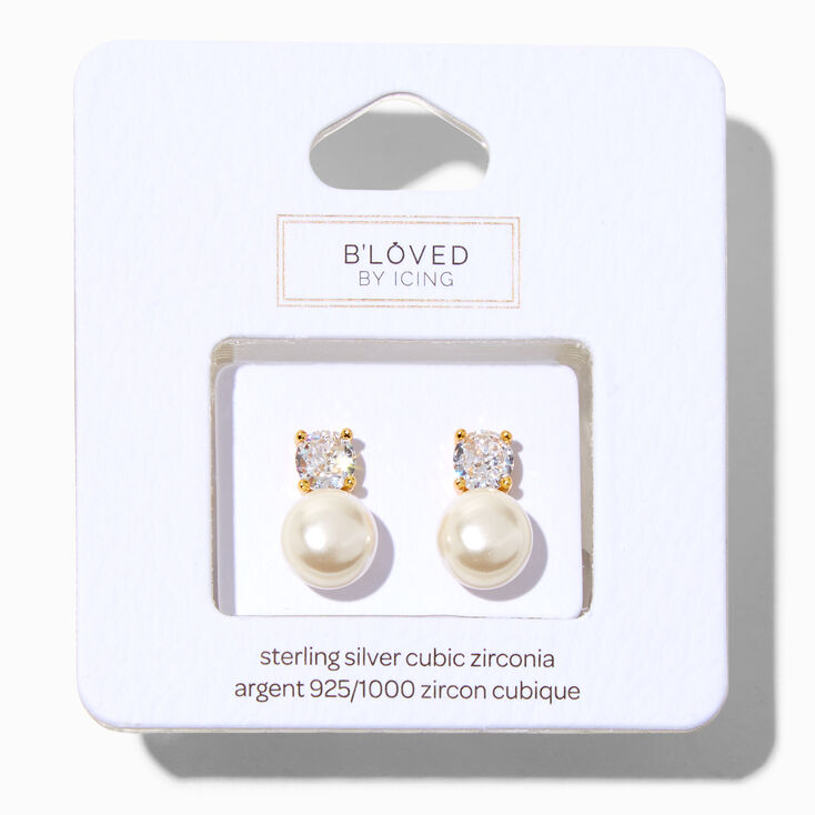 B&#39;Loved by Icing Gold Sterling Silver Cubic Zirconia 5MM Round Stud &amp; Pearl Drop Earrings,