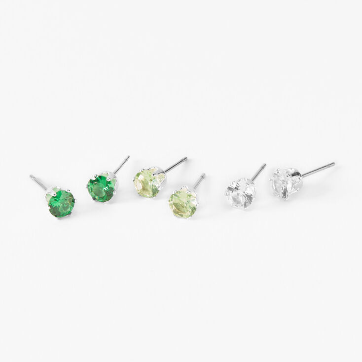 Silver Deep Green Cubic Zirconia Round Stud Earrings - 3 Pack, 5MM,