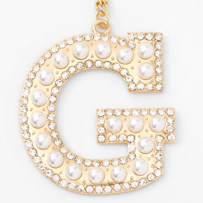 Gold Bling Initial Pom Pom Keychain - White, G,