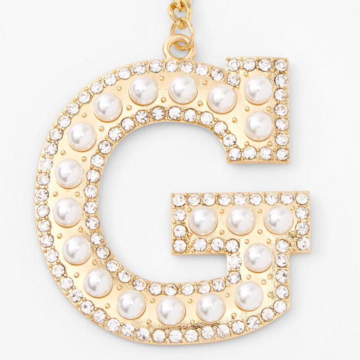 Gold Bling Initial Pom Pom Keychain - White, G,