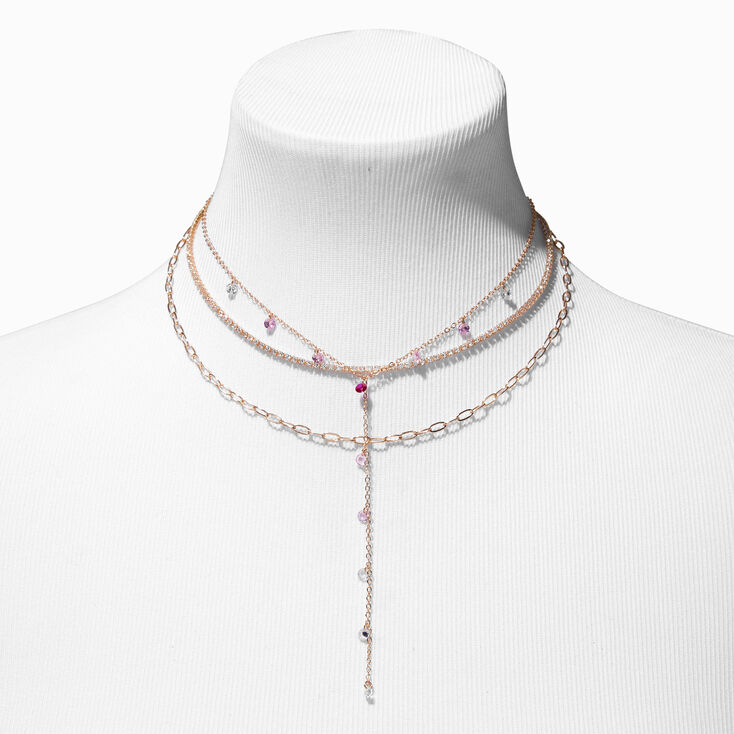 Pink Crystal Gold Y-Neck Multi-Strand Necklace,