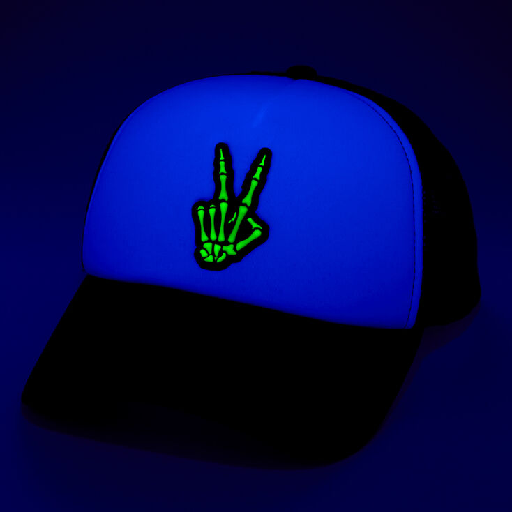 Skeleton Peace Sign Glow in the Dark Trucker Hat,