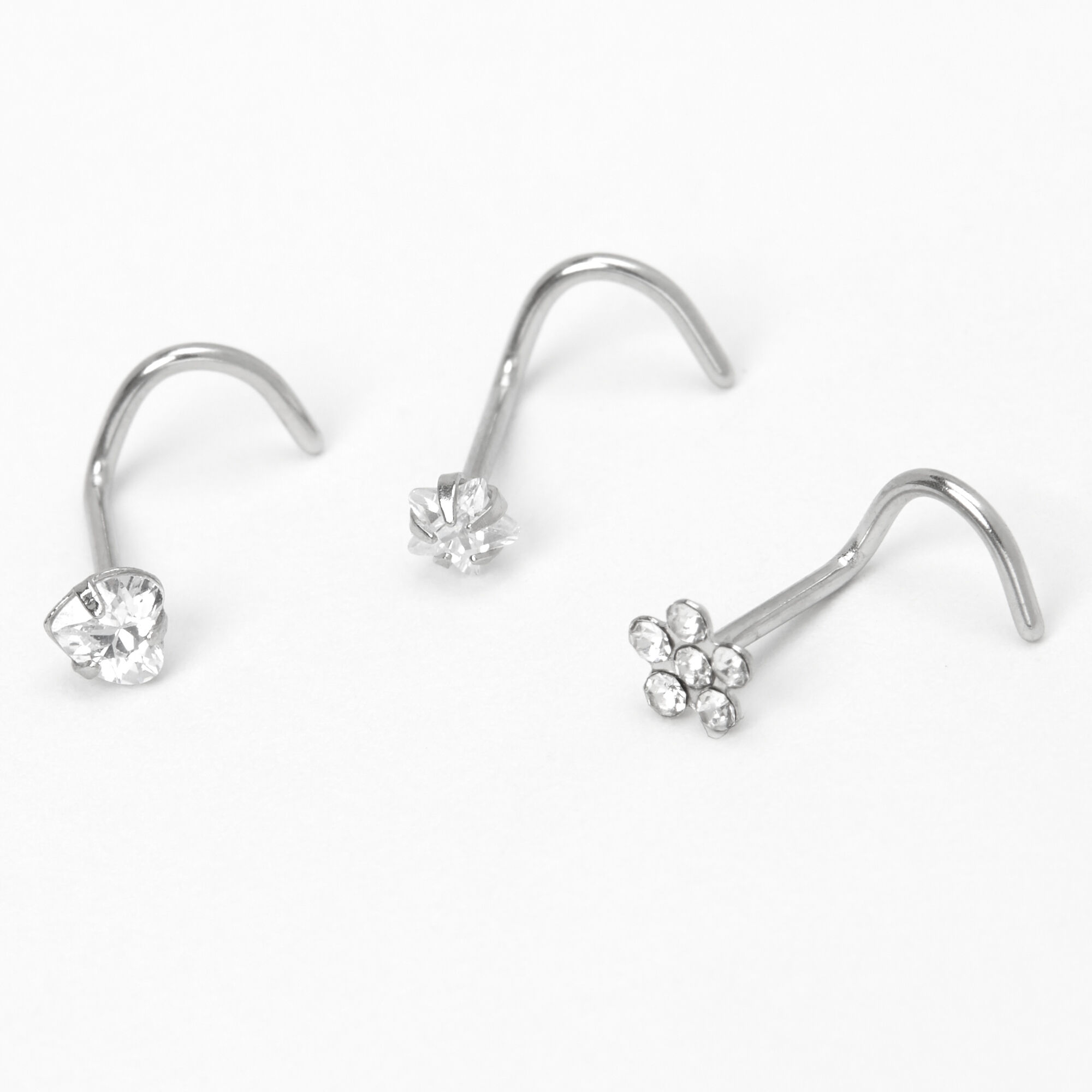 Silver 20G Flower Heart Star Nose Studs 3 Pack Icing US