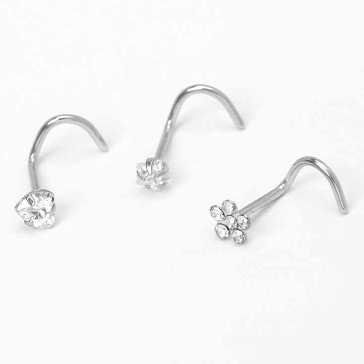 Silver 20G Flower Heart Star Nose Studs - 3 Pack,