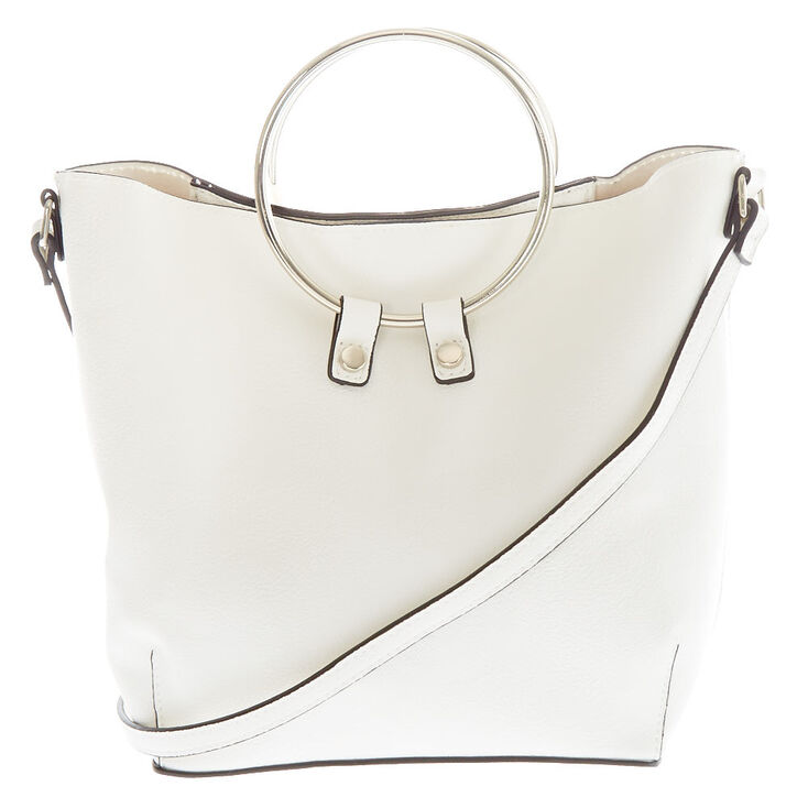 White Mini Faux Leather Ring Detail Tote Bag,