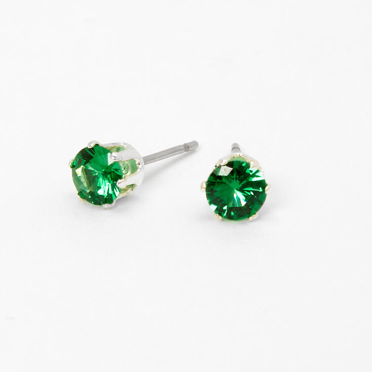 Silver Round Cubic Zirconia Stud Earrings - 5MM, Green,