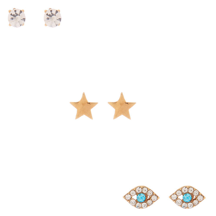 18kt Gold Plated Star Eye Crystal Stud Earrings - 3 Pack,