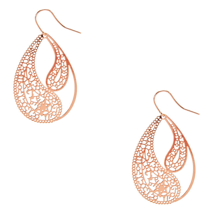 Rose Gold Tone Paisley Filigree Teardrop Drop Earrings,